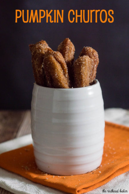 Pumpkin churros are a fall twist on a Mexican treat. Sweet pumpkin dough is deep fried, rolled in pumpkin-spiced sugar and dipped in decadent dulce de leche. #PumpkinWeek