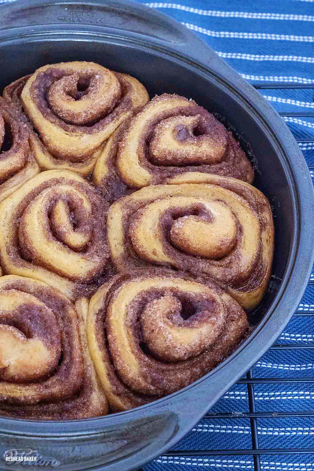 Baked cinnamon rolls in a cake pan.