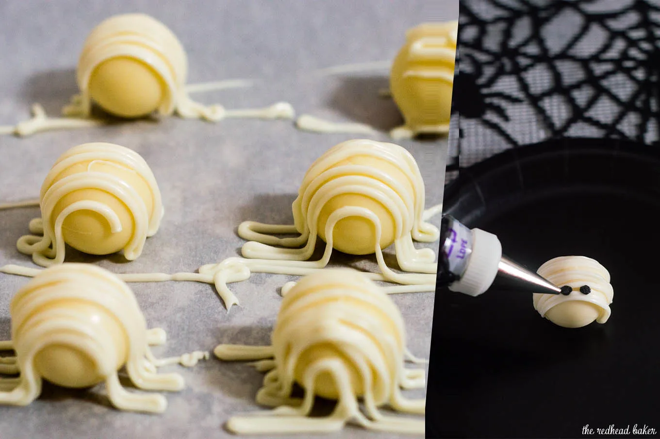 Boo! Scare your Halloween dinner or party guests with these easy-to-make white chocolate mummy truffles made with white chocolate ganache! #ProgressiveEats
