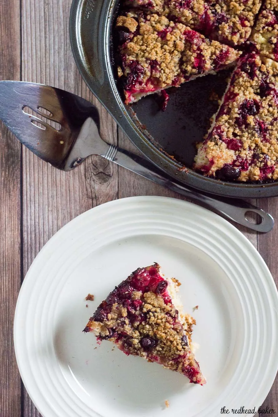 Cranberry crumb cake combines an orange-flavored cake, sugared cranberries and crumb topping for a delicious holiday breakfast or dessert.