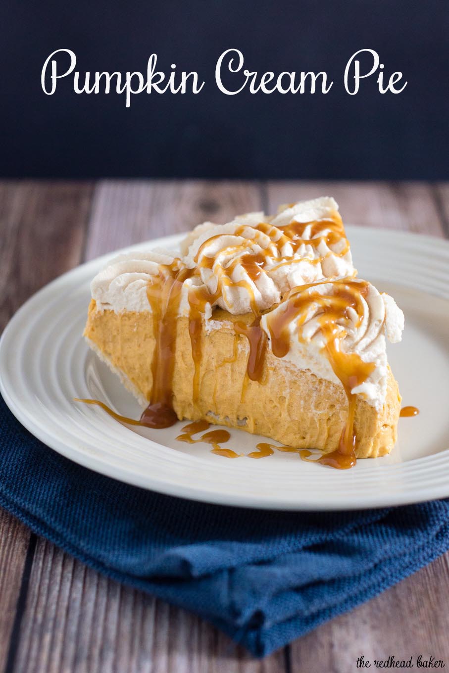 Pumpkin cream pie has all the flavor of classic pumpkin pie with a slightly different texture. It's topped with decadent salted caramel whipped cream.