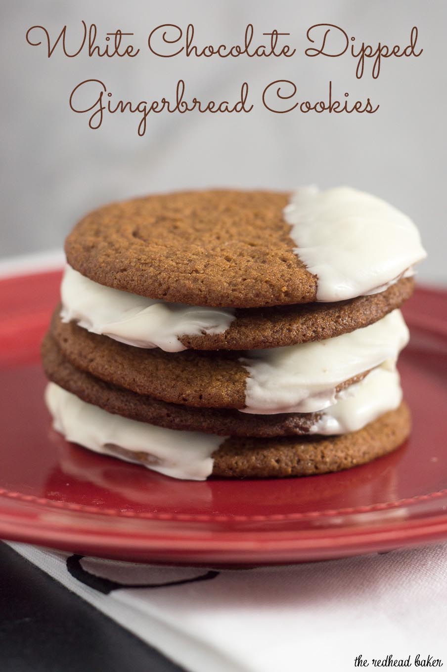 Warmly spiced gingerbread cookies get fancy for the holidays with a dip in white chocolate. Santa will love getting these cookies on Christmas Eve! 