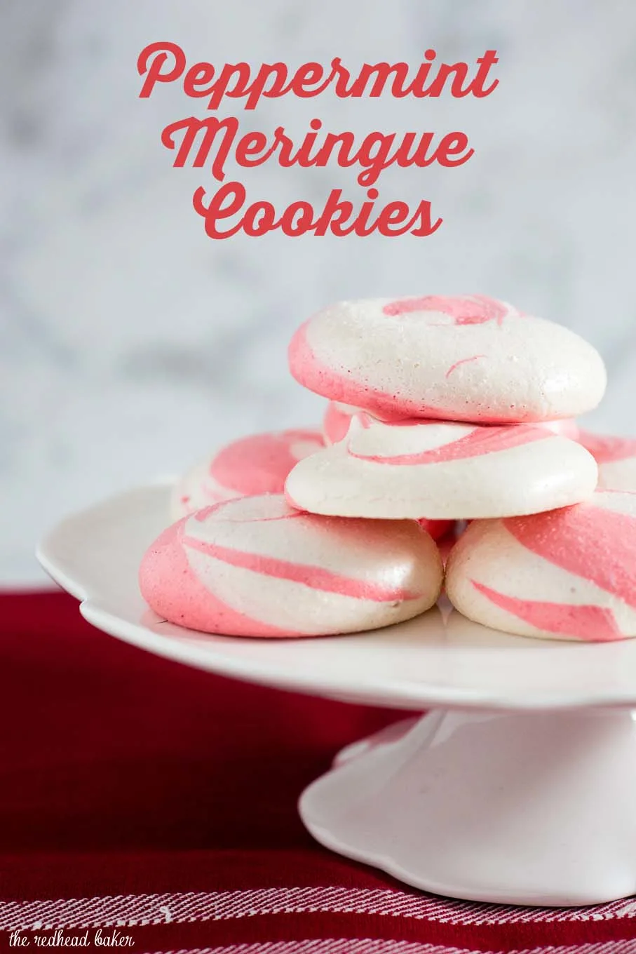 Beautiful swirled peppermint meringue cookies are a festive addition to your holiday party dessert tray! Bonus: they're naturally fat-free! #SundaySupper