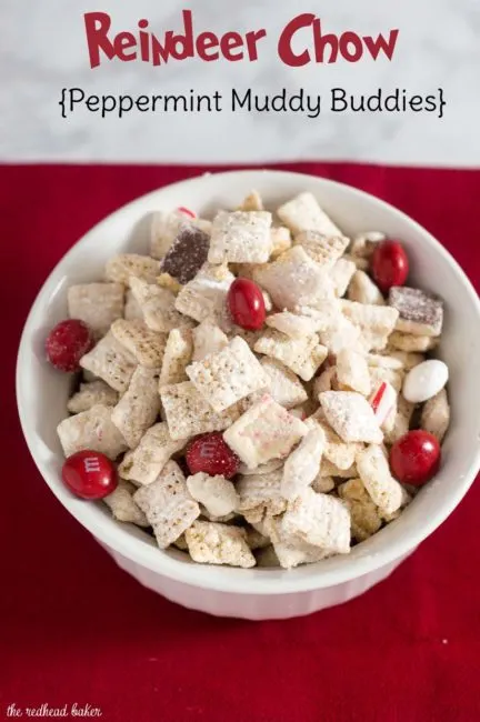 When you leave out Santa's cookies and milk, don't forget the reindeer chow! This snack mixes white chocolate muddy buddies with peppermint treats.