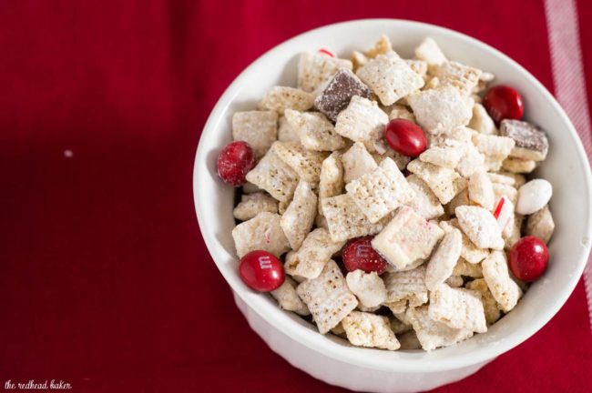 When you leave out Santa's cookies and milk, don't forget the reindeer chow! This snack mixes white chocolate muddy buddies with peppermint treats.