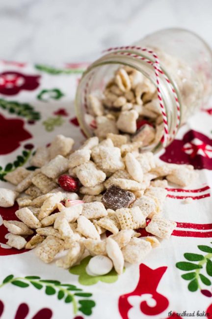 When you leave out Santa's cookies and milk, don't forget the reindeer chow! This snack mixes white chocolate muddy buddies with peppermint treats.