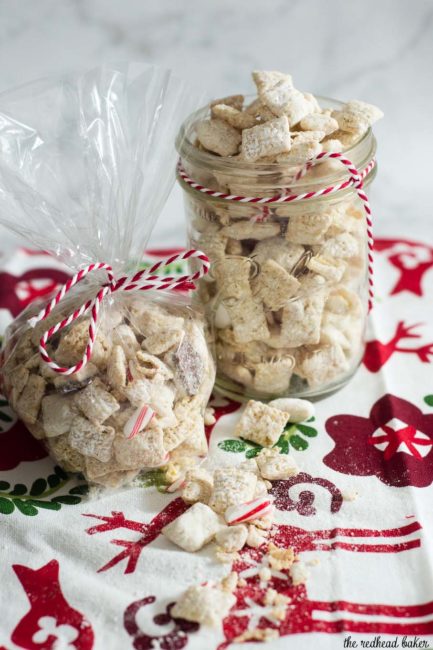 When you leave out Santa's cookies and milk, don't forget the reindeer chow! This snack mixes white chocolate muddy buddies with peppermint treats.