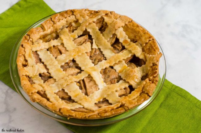 Salted caramel apple pie with a beautiful lattice crust is a delicious dessert any time of year. Make this pie ahead of time and freeze it before baking.