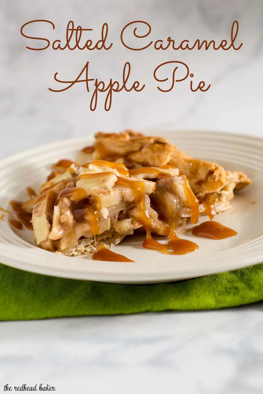 Salted caramel apple pie with a beautiful lattice crust is a delicious dessert any time of year. Make this pie ahead of time and freeze it before baking.