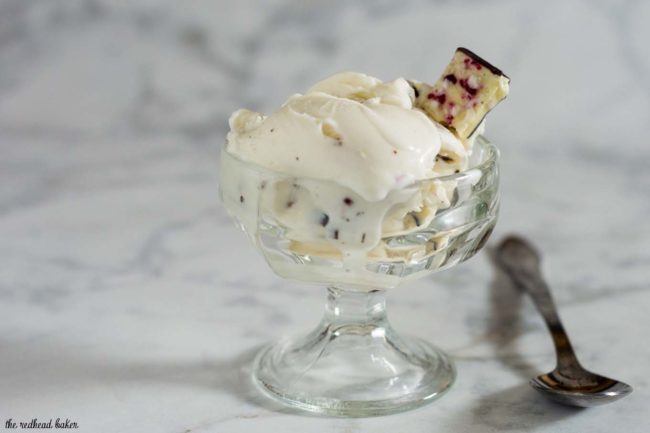 Rich white chocolate peppermint bark ice cream is a delicious holiday treat, with bits of the popular Christmas treat mixed throughout the ice cream.