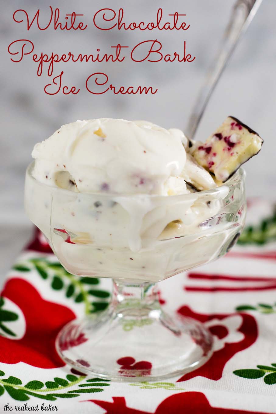 Rich white chocolate peppermint bark ice cream is a delicious holiday treat, with bits of the popular Christmas treat mixed throughout the ice cream.