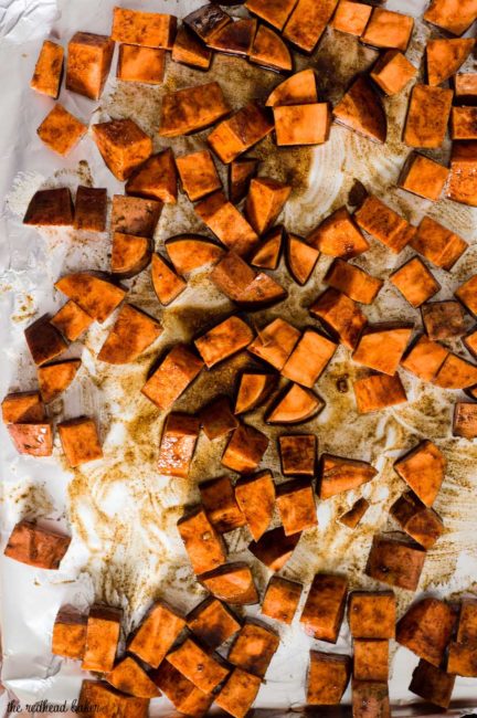 Cinnamon vanilla roasted sweet potatoes are a different, delicious way to enjoy the root vegetable. So easy and ready in 30 minutes!