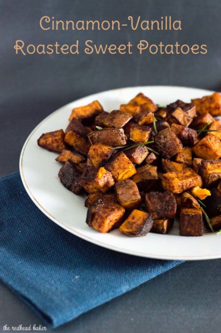 Cinnamon vanilla roasted sweet potatoes are a different, delicious way to enjoy the root vegetable. So easy and ready in 30 minutes!