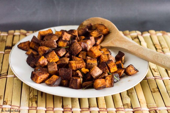 Cinnamon vanilla roasted sweet potatoes are a different, delicious way to enjoy the root vegetable. So easy and ready in 30 minutes!