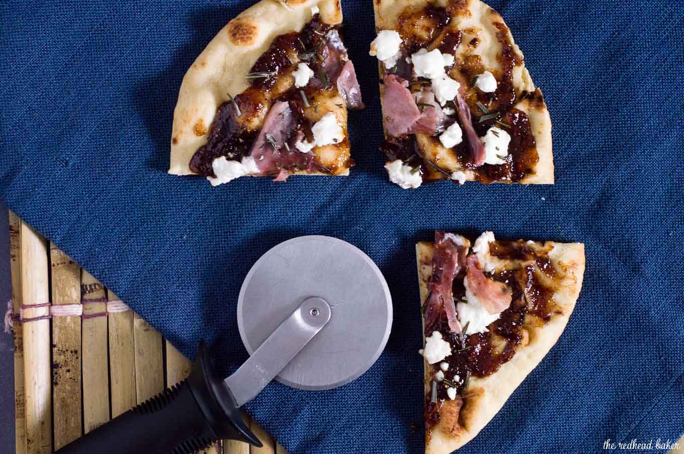 Indian flatbread makes a great crust for pizza! This na'an pizza is topped with fig jam, tangy goat cheese and salty prosciutto.