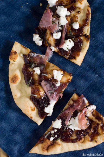 Indian flatbread makes a great crust for pizza! This na'an pizza is topped with fig jam, tangy goat cheese and salty prosciutto.