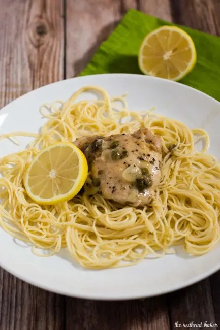 Chicken piccata, ready in under 30 minutes! This dish uses quick-cooking chicken thighs instead of pounded-thin breasts, and skips the flour coating. #SundaySupper