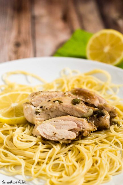 Chicken piccata, ready in under 30 minutes! This dish uses quick-cooking chicken thighs instead of pounded-thin breasts, and skips the flour coating. #SundaySupper