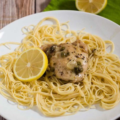 Chicken piccata, ready in under 30 minutes! This dish uses quick-cooking chicken thighs instead of pounded-thin breasts, and skips the flour coating. #SundaySupper