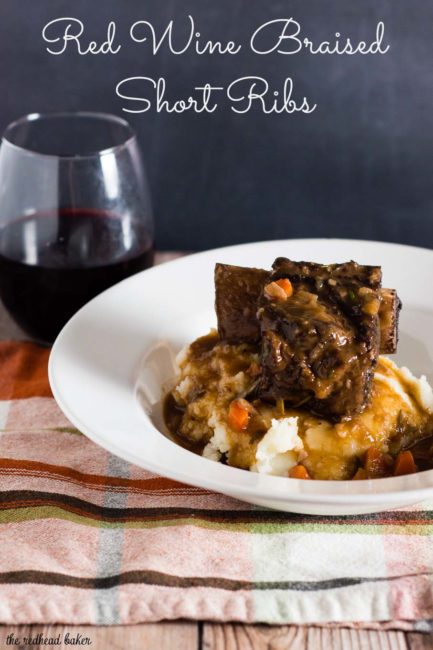 Beef short ribs become fall-off-the-bone tender in a braise of red wine, beef stock, and garlic. Serve over mashed potatoes for a true comfort meal.