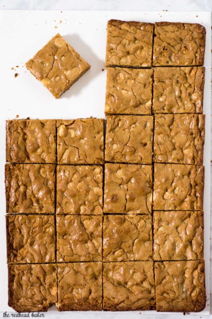 Blondies are sweet bars similar to brownies, but without the cocoa. These blondies are loaded with white chocolate chips and macadamia nuts.