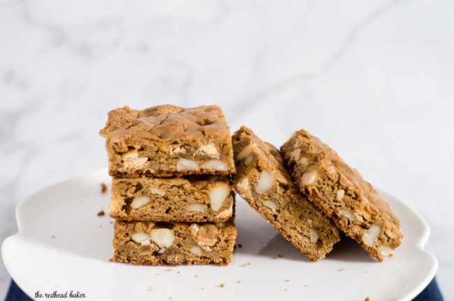 Blondies are sweet bars similar to brownies, but without the cocoa. These blondies are loaded with white chocolate chips and macadamia nuts.