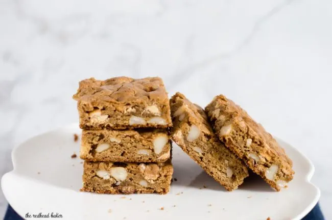 Blondies are sweet bars similar to brownies, but without the cocoa. These blondies are loaded with white chocolate chips and macadamia nuts.