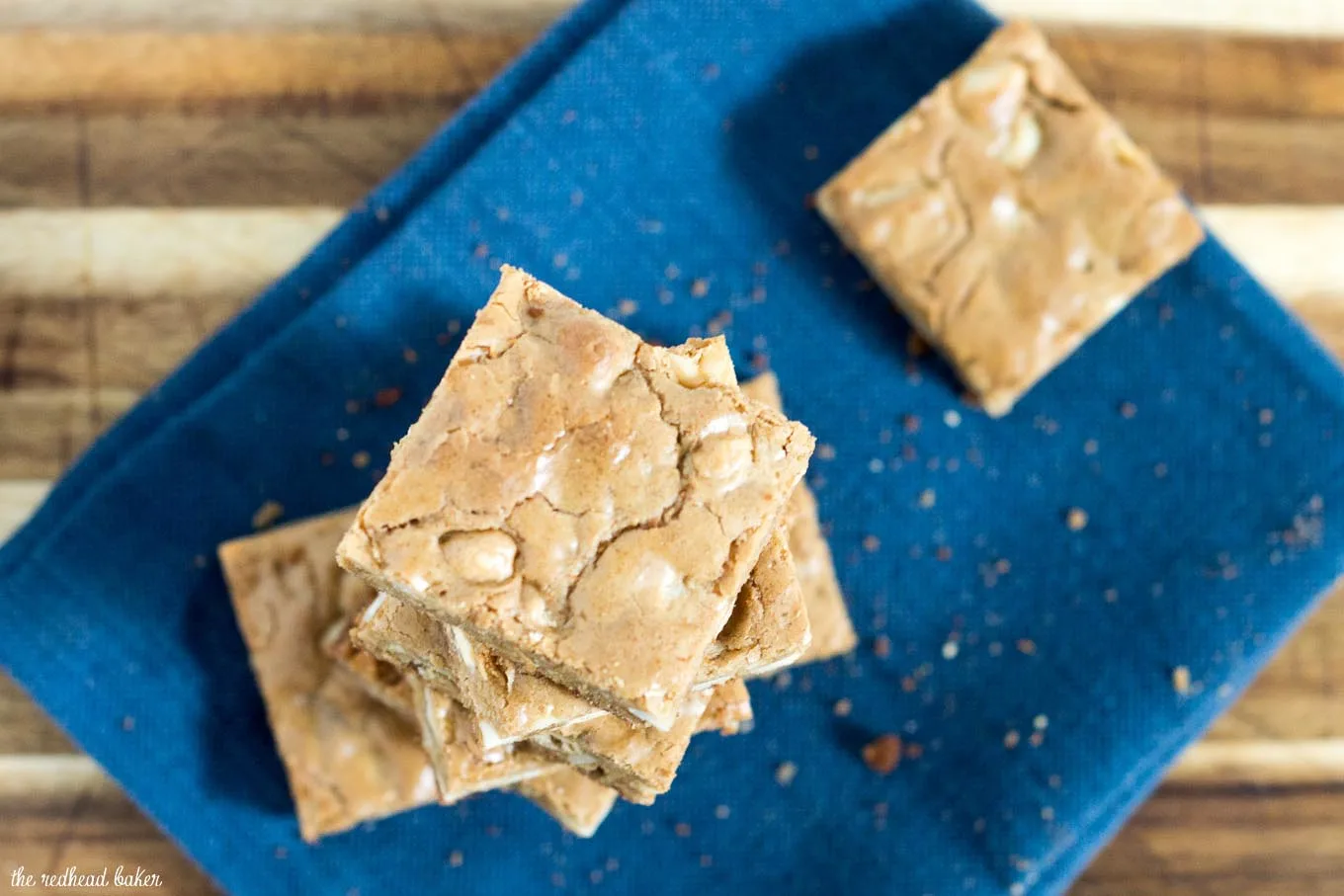 Blondies are sweet bars similar to brownies, but without the cocoa. These blondies are loaded with white chocolate chips and macadamia nuts.