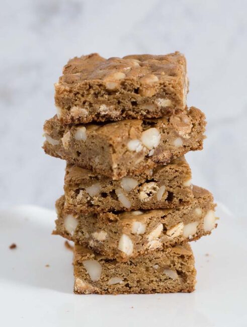 Blondies are sweet bars similar to brownies, but without the cocoa. These blondies are loaded with white chocolate chips and macadamia nuts.