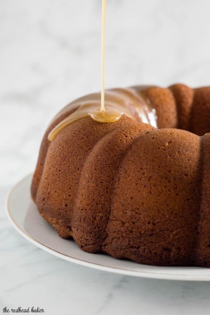 Apple butter pound cake has delicious apple flavor with hints of cinnamon, a ripple of apple butter, and a creamy caramel glaze.