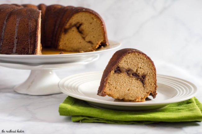 Apple butter pound cake has delicious apple flavor with hints of cinnamon, a ripple of apple butter, and a creamy caramel glaze.