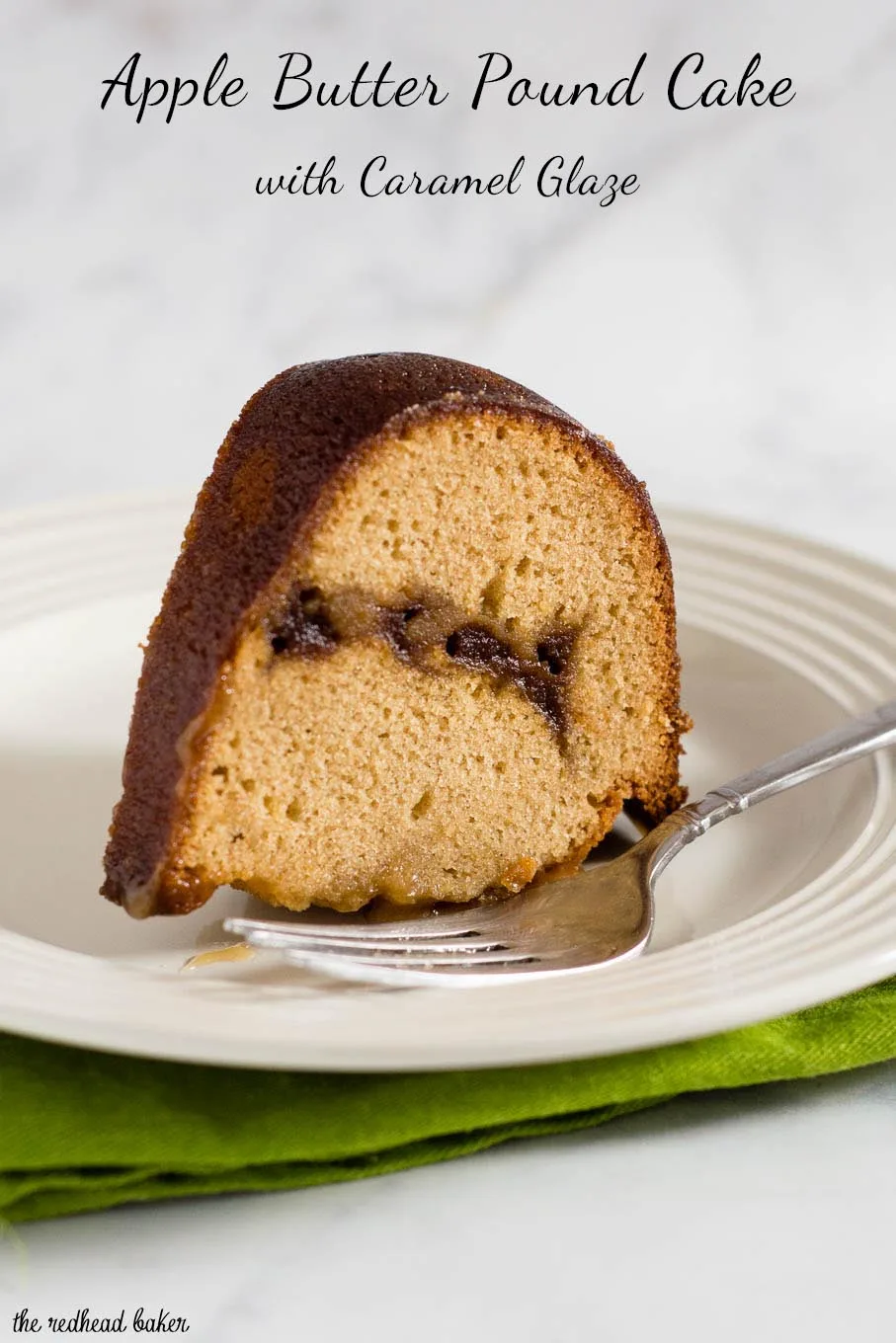 Apple butter pound cake has delicious apple flavor with hints of cinnamon, a ripple of apple butter, and a creamy caramel glaze.