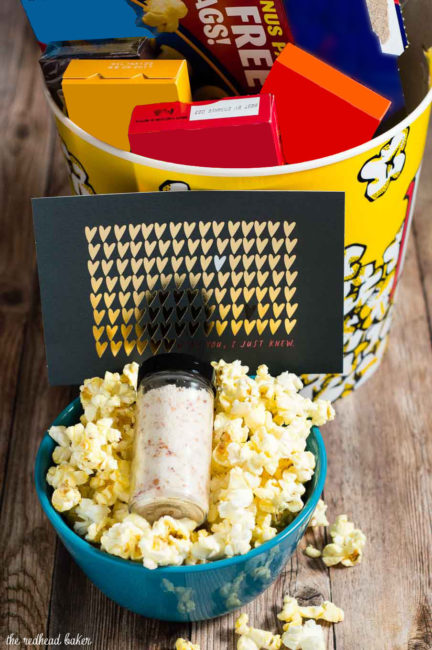 Is your sweetie a movie buff? Show them you care this Valentine's Day with a Movie Night In gift box, with a homemade container of Parmesan bacon popcorn salt and a Hallmark Signature Valentine's Day card!