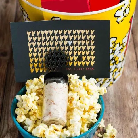 Is your sweetie a movie buff? Show them you care this Valentine's Day with a Movie Night In gift box, with a homemade container of Parmesan bacon popcorn salt and a Hallmark Signature Valentine's Day card!