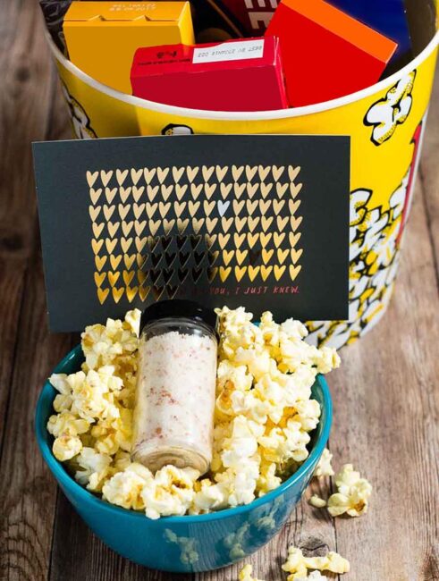 Is your sweetie a movie buff? Show them you care this Valentine's Day with a Movie Night In gift box, with a homemade container of Parmesan bacon popcorn salt and a Hallmark Signature Valentine's Day card!