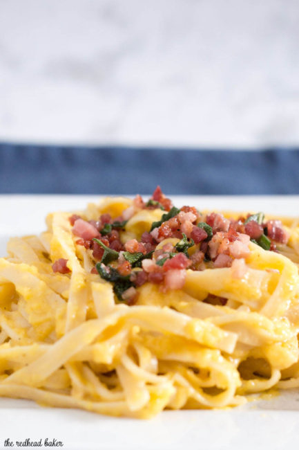 Not a true pasta carbonara, this dish uses pureed butternut squash instead of egg to thicken the sauce that coats the fettuccine.