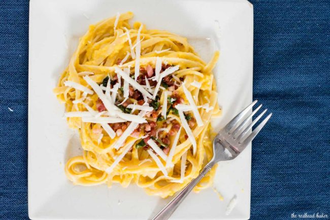 Not a true pasta carbonara, this dish uses pureed butternut squash instead of egg to thicken the sauce that coats the fettuccine.