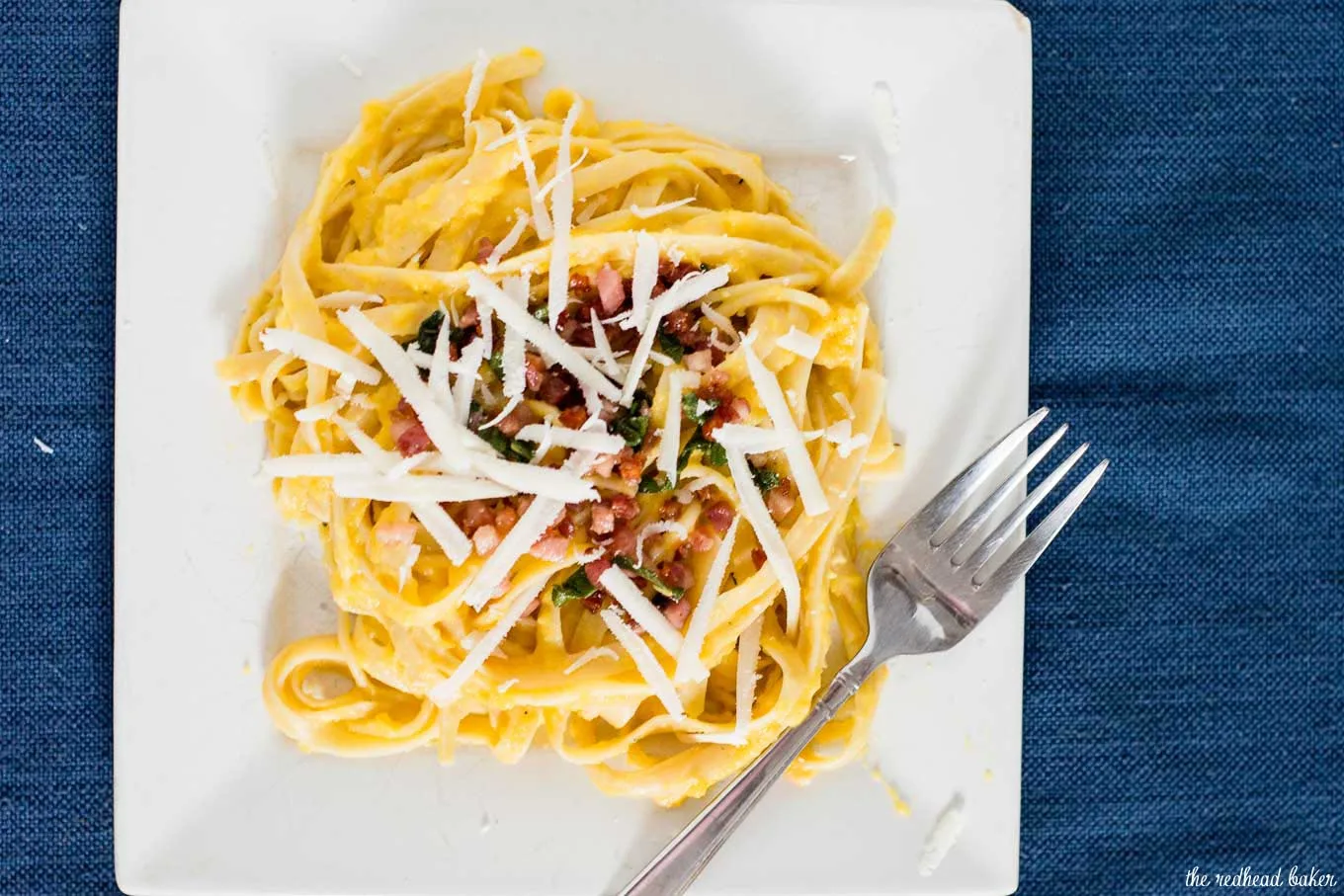Not a true pasta carbonara, this dish uses pureed butternut squash instead of egg to thicken the sauce that coats the fettuccine.