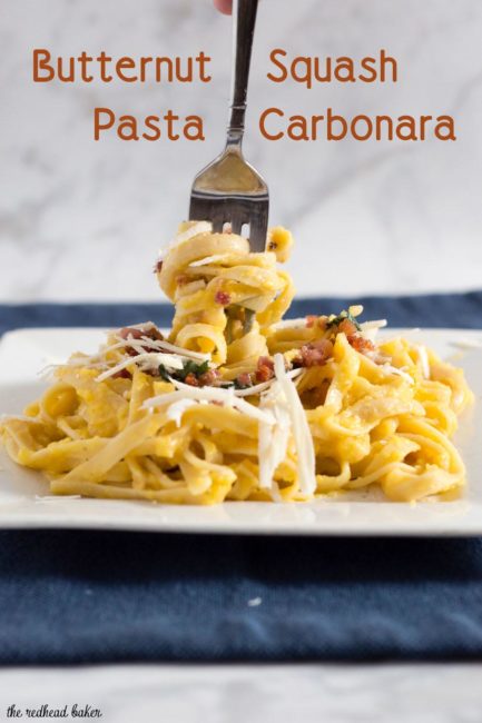 Not a true pasta carbonara, this dish uses pureed butternut squash instead of egg to thicken the sauce that coats the fettuccine.