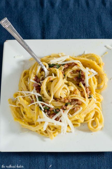 Not a true pasta carbonara, this dish uses pureed butternut squash instead of egg to thicken the sauce that coats the fettuccine.