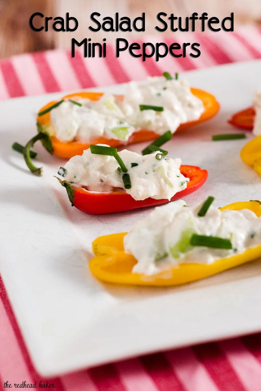 Need a last-minute Valentine's Day appetizer? Try these crab salad stuffed mini peppers! They have complex flavor and don't require any cooking!