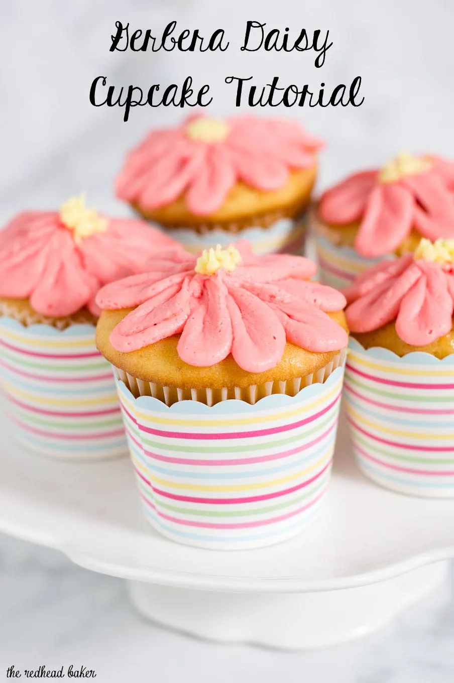 With buttercream icing and a few simple tools, use this tutorial to turn your favorite cupcakes into beautiful gerbera daisy cupcakes for any spring occasion!