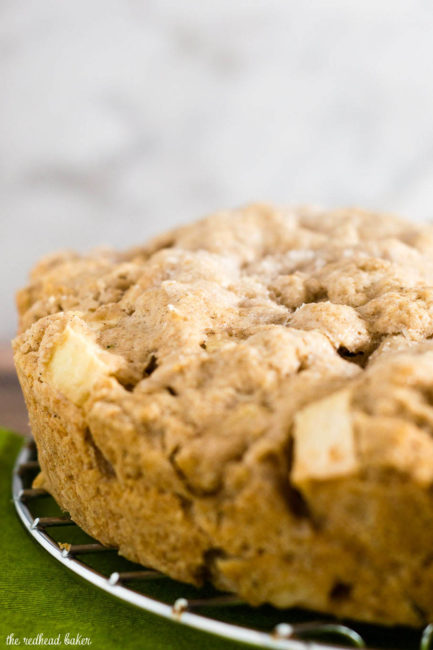 Irish apple cake has a scone-like texture and is studded with chopped apples. Serve with vanilla sauce for a delicious dessert.