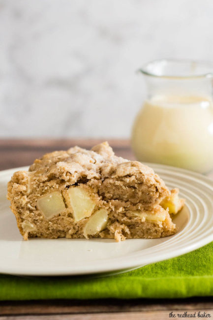 Irish apple cake has a scone-like texture and is studded with chopped apples. Serve with vanilla sauce for a delicious dessert.