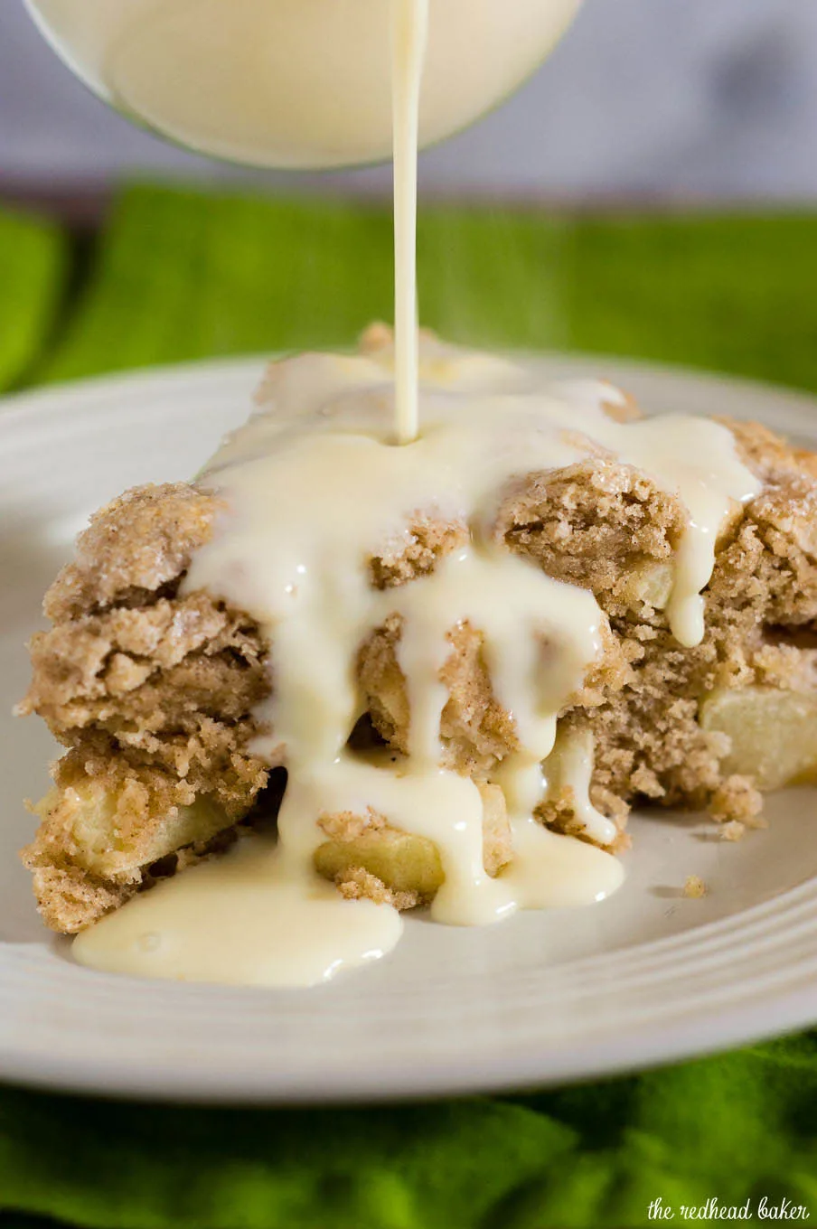Irish apple cake has a scone-like texture and is studded with chopped apples. Serve with vanilla sauce for a delicious dessert.