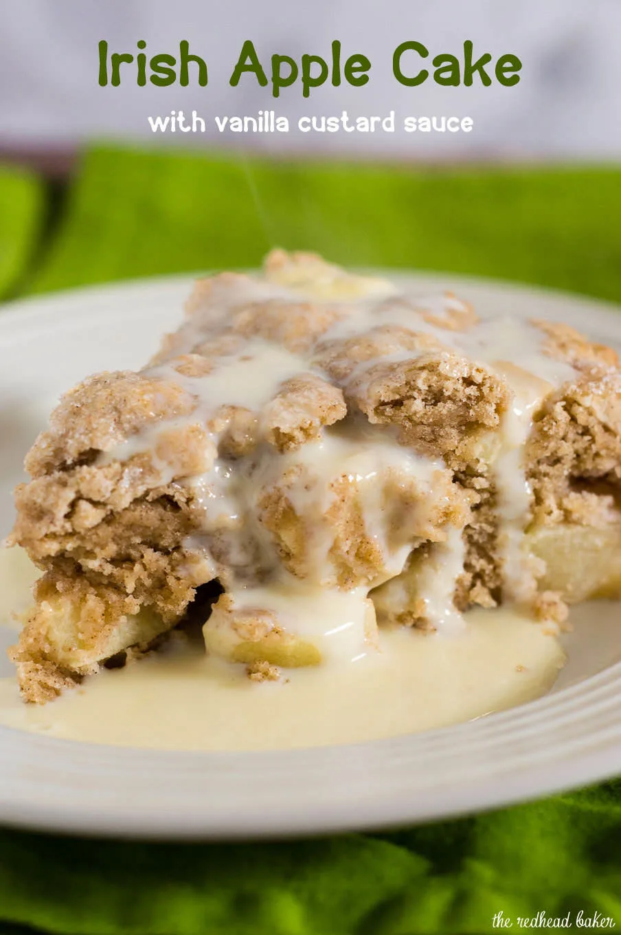 Irish apple cake has a scone-like texture and is studded with chopped apples. Serve with vanilla sauce for a delicious dessert.