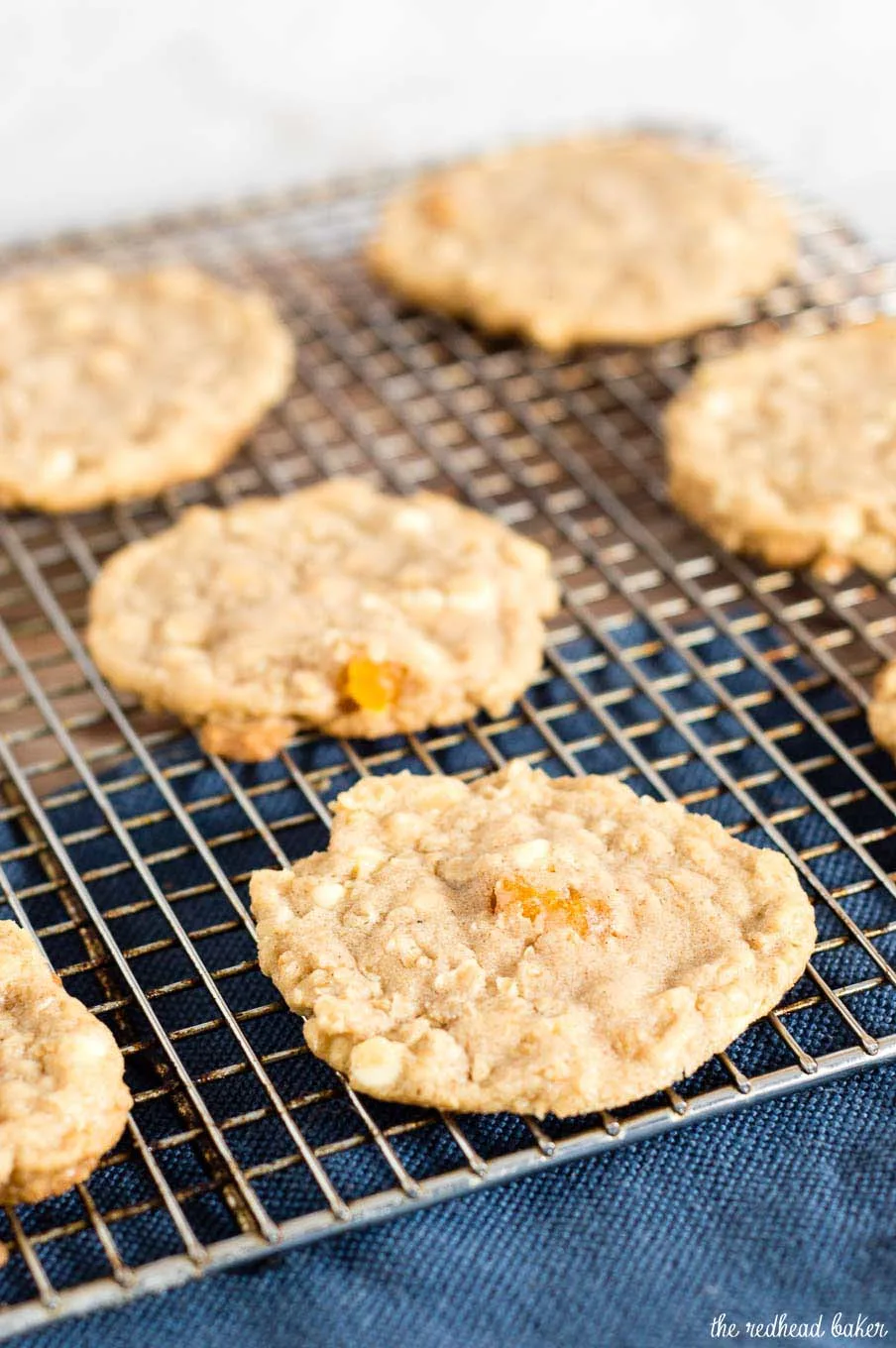 White chocolate apricot oatmeal cookies are crisp at the edges and tender in the middle, and loaded with delicious white chocolate chips and dried apricot pieces.