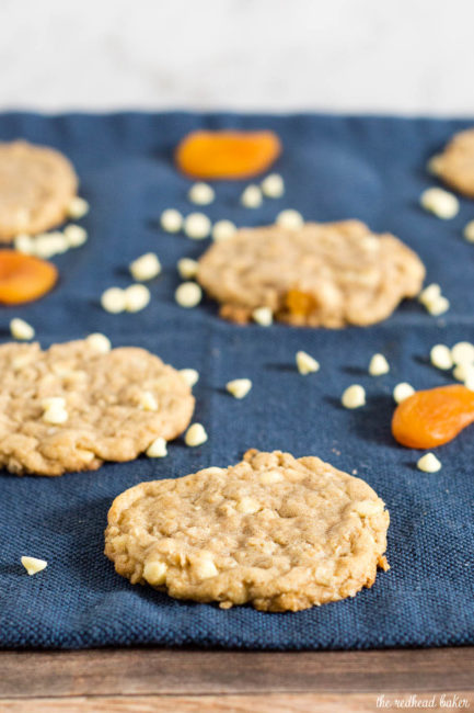 White chocolate apricot oatmeal cookies are crisp at the edges and tender in the middle, and loaded with delicious white chocolate chips and dried apricot pieces.