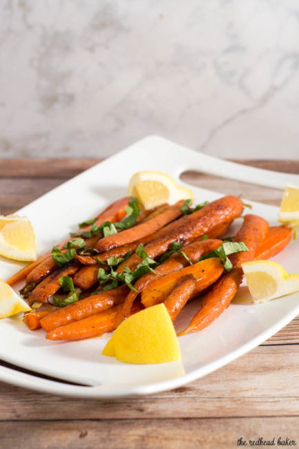 Butter-braised spring carrots are a simple yet flavorful side dish. A garnish of fresh basil complements the sweeter carrots perfectly.