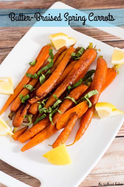 Butter-braised spring carrots are a simple yet flavorful side dish. A garnish of fresh basil complements the sweeter carrots perfectly.